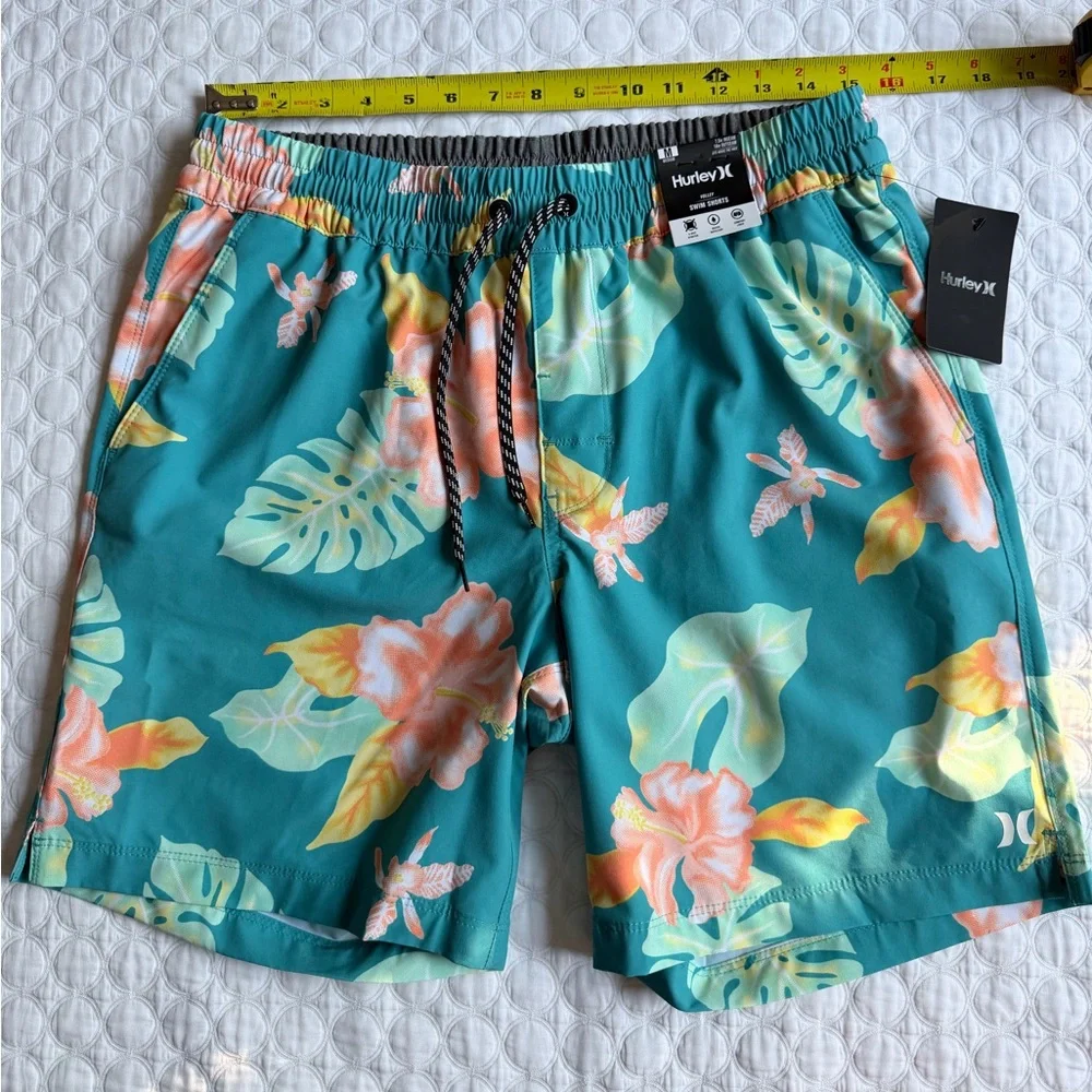 Hurley Men's Size M Volley Elastic Waist Hana Bay Green Swim Trunks Board Shorts
